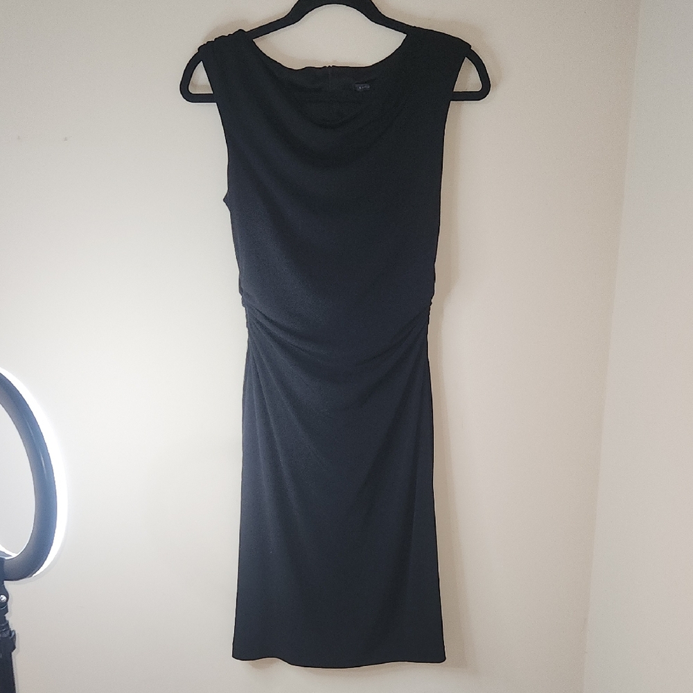 David Meister Black Ruched Sheath Dress with Cowl Neck